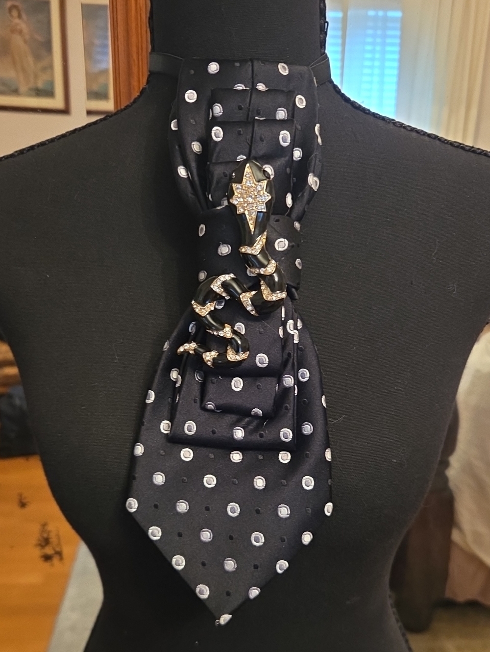 Black Polka Dot Cravat with Gold Rhinestone Snake Pin